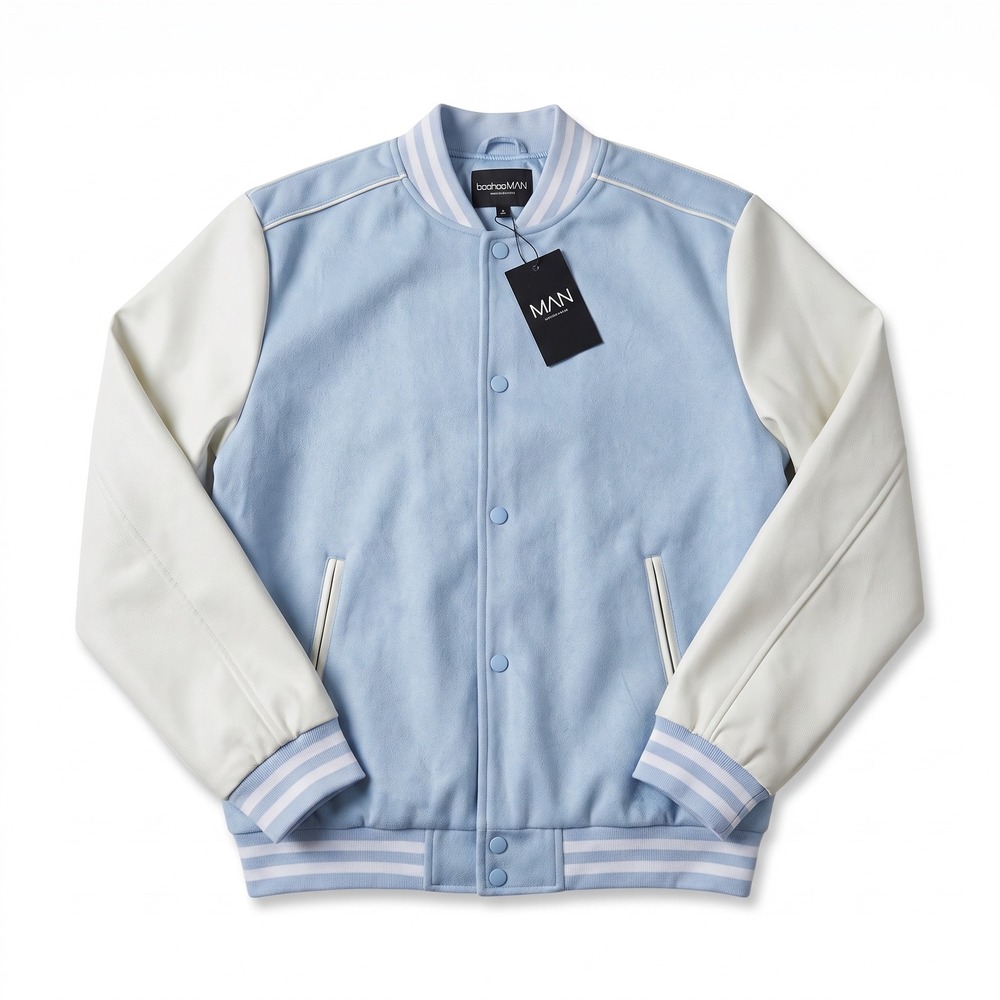 boohooMAN Light Blue Wool Look Varsity Bomber Jacket XL BMM06436-564-36 NWT